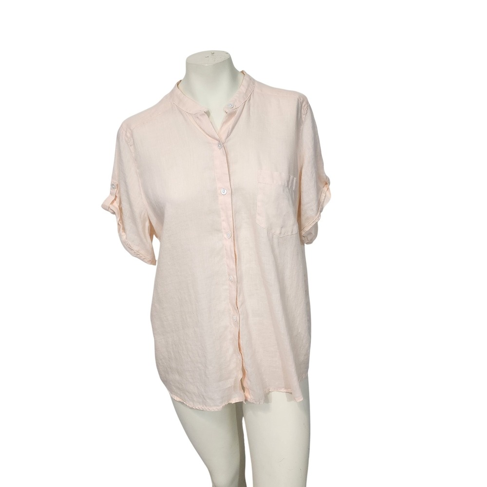 J. Jill Womens Large Peach‎ Pink 100% Linen Button Down Short Sleeve Shirt